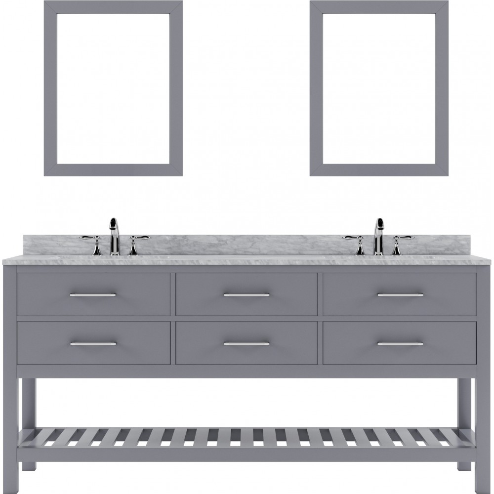 Caroline Estate 72" Double Bath Vanity in Gray with White Marble Top and Round Sinks with Polished Chrome Faucets and Mirrors