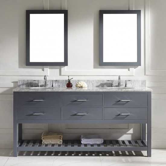 Caroline Estate 72" Double Bath Vanity in Gray with White Marble Top and Round Sinks with Polished Chrome Faucets and Mirrors