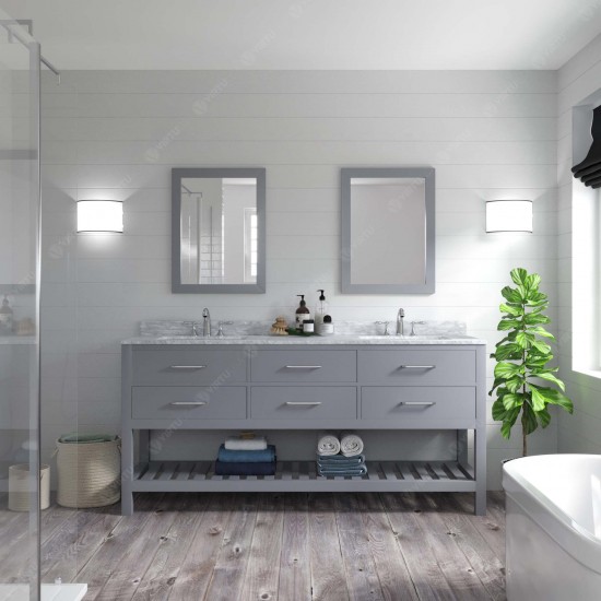 Caroline Estate 72" Double Bath Vanity in Gray with White Marble Top and Round Sinks with Polished Chrome Faucets and Mirrors