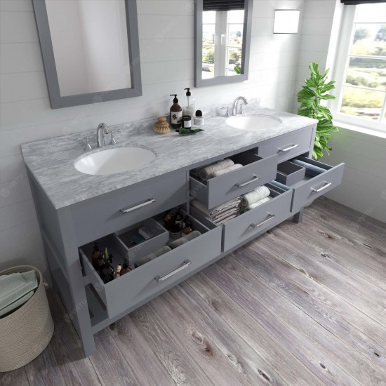 Caroline Estate 72" Double Bath Vanity in Gray with White Marble Top and Round Sinks with Polished Chrome Faucets and Mirrors