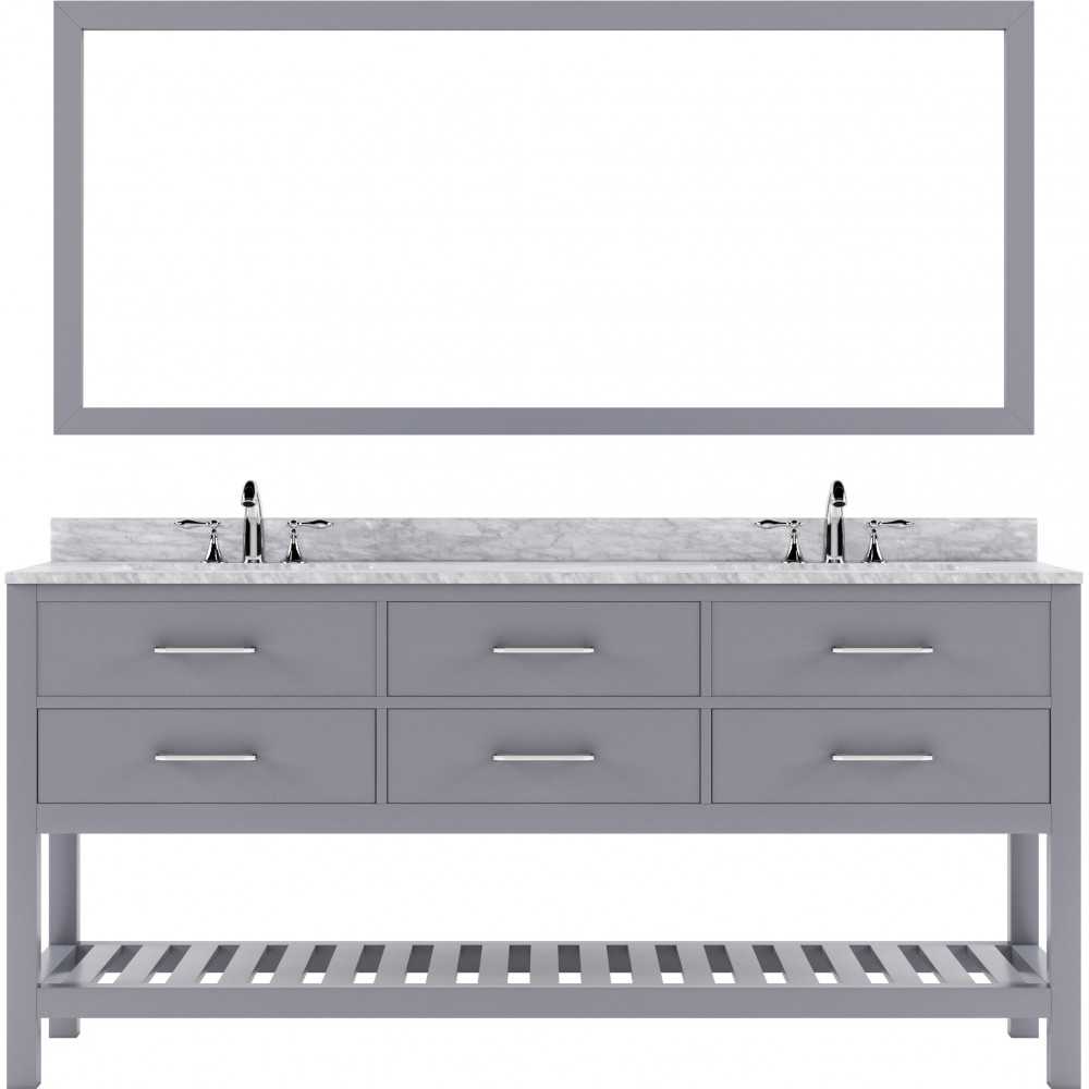 Caroline Estate 72" Double Bath Vanity in Gray with White Marble Top and Round Sinks and Matching Mirror