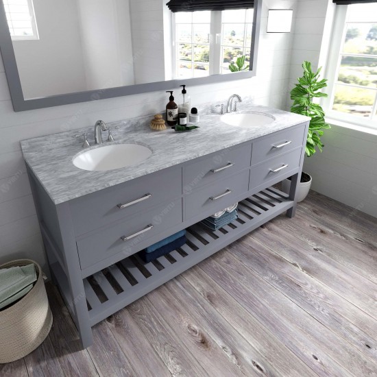 Caroline Estate 72" Double Bath Vanity in Gray with White Marble Top and Round Sinks and Matching Mirror