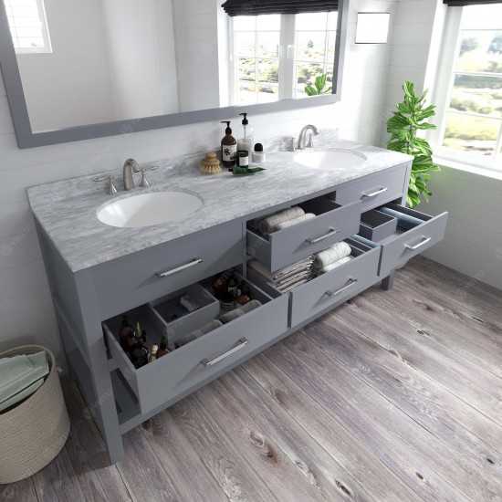 Caroline Estate 72" Double Bath Vanity in Gray with White Marble Top and Round Sinks and Matching Mirror