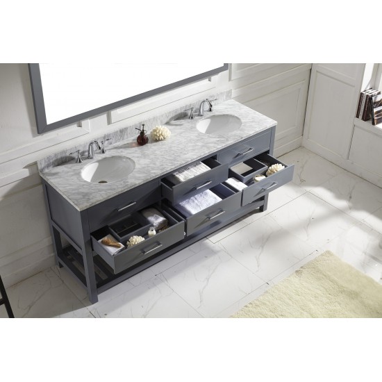 Caroline Estate 72" Double Bath Vanity in Gray with White Marble Top and Round Sinks and Matching Mirror