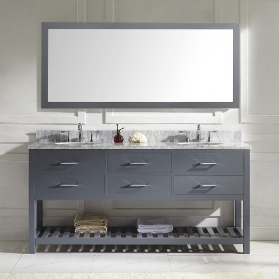 Caroline Estate 72" Double Bath Vanity in Gray with White Marble Top and Round Sinks with Brushed Nickel Faucets and Mirror