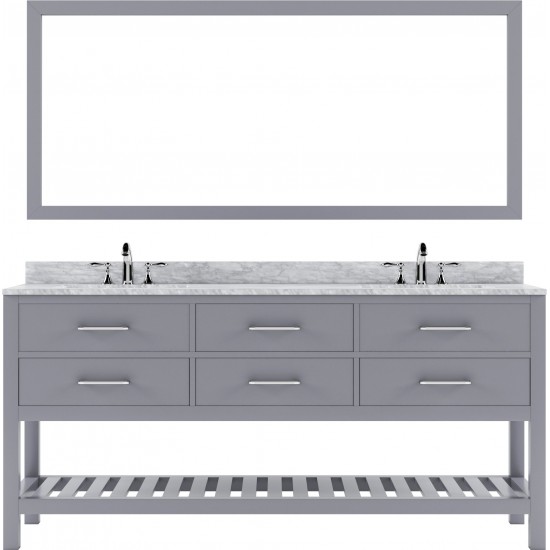 Caroline Estate 72" Double Bath Vanity in Gray with White Marble Top and Round Sinks with Polished Chrome Faucets and Mirror