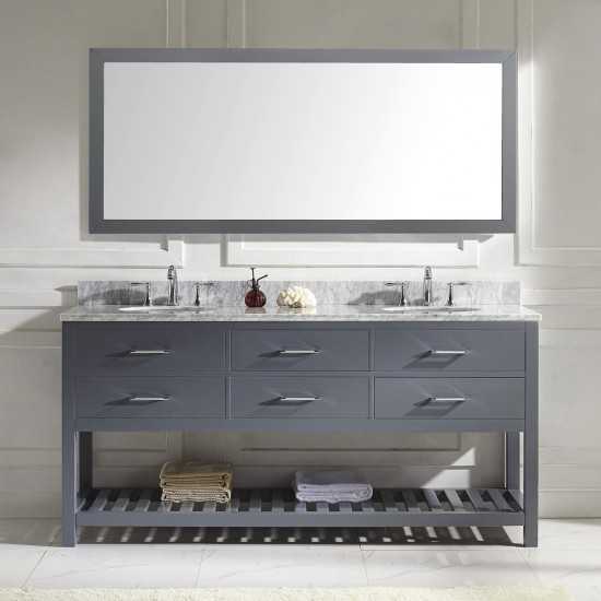 Caroline Estate 72" Double Bath Vanity in Gray with White Marble Top and Round Sinks with Polished Chrome Faucets and Mirror