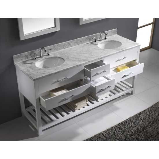 Caroline Estate 72" Double Bath Vanity in White with White Marble Top and Round Sinks and Matching Mirrors