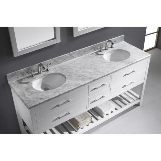 Caroline Estate 72" Double Bath Vanity in White with White Marble Top and Round Sinks and Matching Mirrors