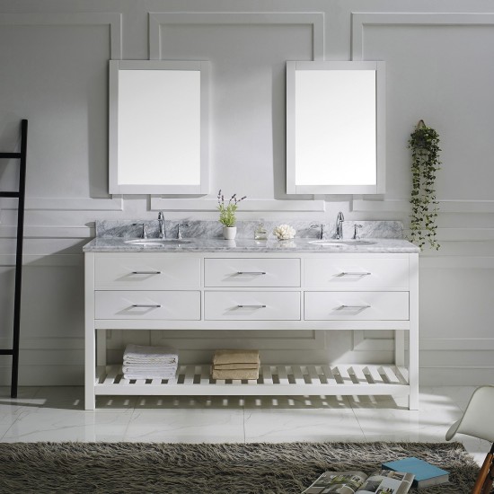 Caroline Estate 72" Double Bath Vanity in White with White Marble Top and Round Sinks with Brushed Nickel Faucets and Mirrors