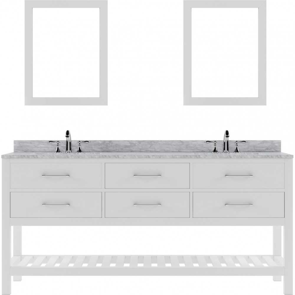 Caroline Estate 72" Double Bath Vanity in White with White Marble Top and Round Sinks with Polished Chrome Faucets and Mirror