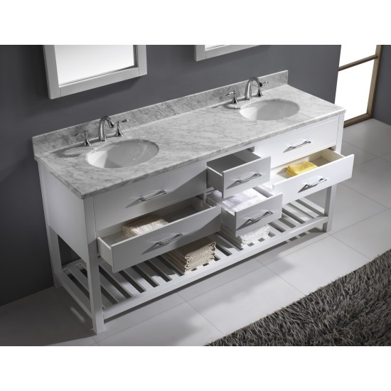 Caroline Estate 72" Double Bath Vanity in White with White Marble Top and Round Sinks with Polished Chrome Faucets and Mirror