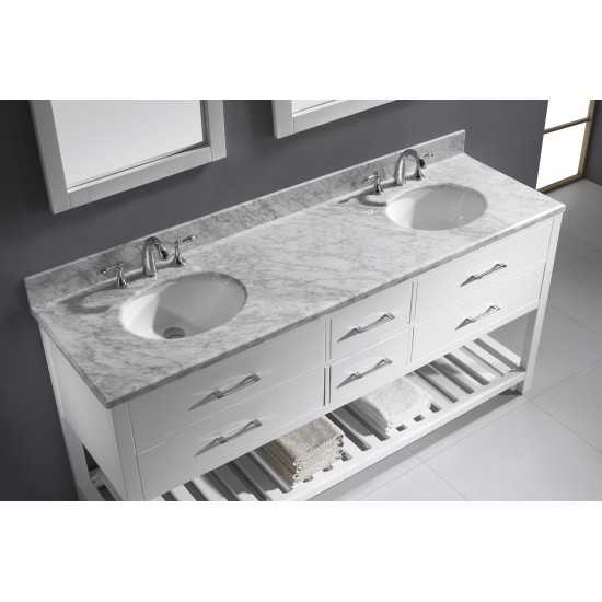 Caroline Estate 72" Double Bath Vanity in White with White Marble Top and Round Sinks with Polished Chrome Faucets and Mirror