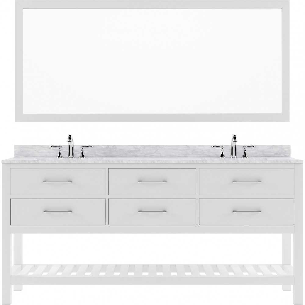 Caroline Estate 72" Double Bath Vanity in White with White Marble Top and Round Sinks and Matching Mirror