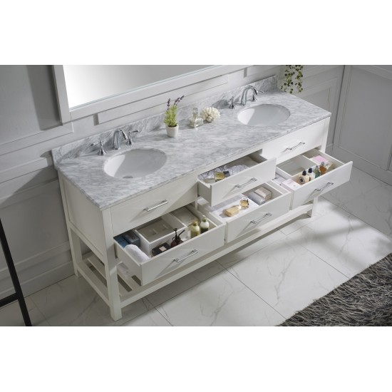 Caroline Estate 72" Double Bath Vanity in White with White Marble Top and Round Sinks and Matching Mirror