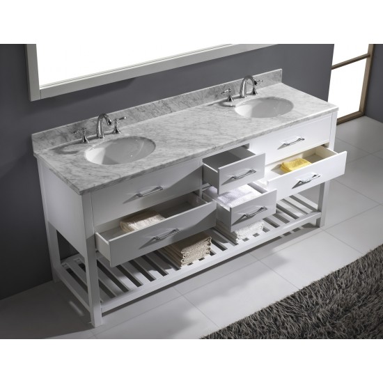 Caroline Estate 72" Double Bath Vanity in White with White Marble Top and Round Sinks and Matching Mirror