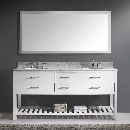 Caroline Estate 72" Double Bath Vanity in White with White Marble Top and Round Sinks with Brushed Nickel Faucets and Mirror