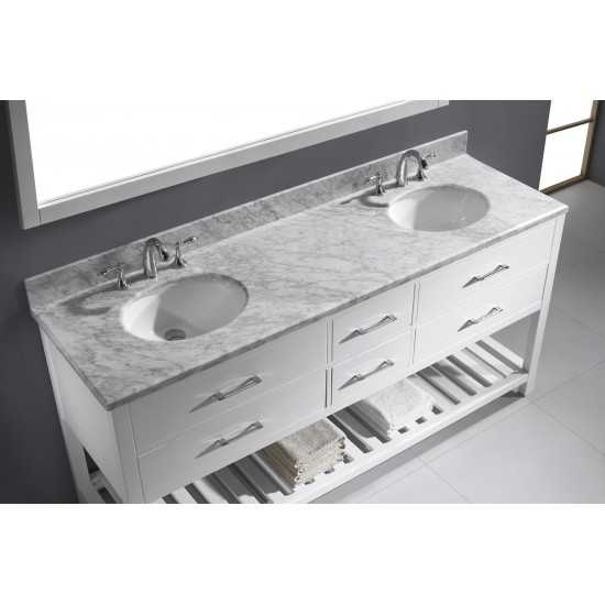 Caroline Estate 72" Double Bath Vanity in White with White Marble Top and Round Sinks with Brushed Nickel Faucets and Mirror