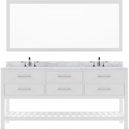 Caroline Estate 72" Double Bath Vanity in White with White Marble Top and Round Sinks with Polished Chrome Faucets and Mirror