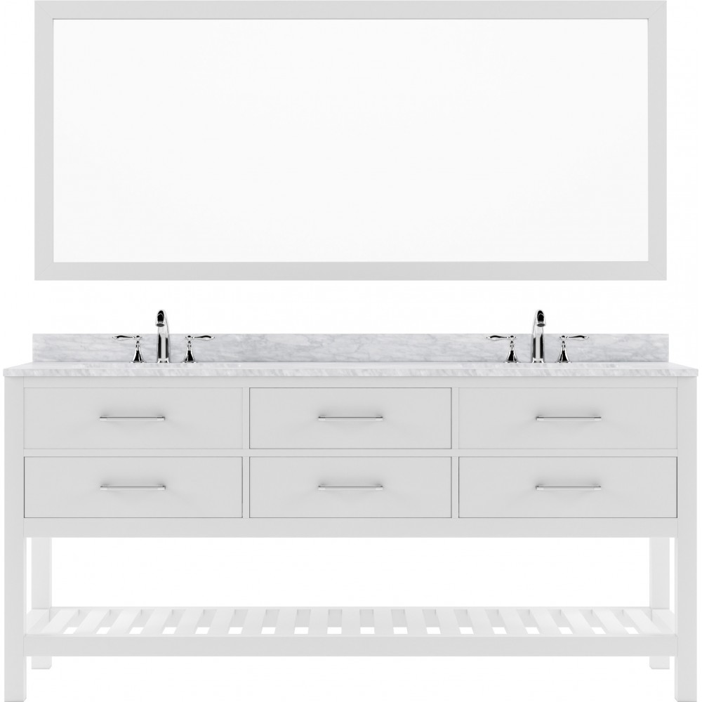 Caroline Estate 72" Double Bath Vanity in White with White Marble Top and Round Sinks with Polished Chrome Faucets and Mirror