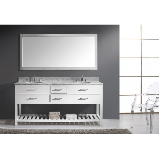 Caroline Estate 72" Double Bath Vanity in White with White Marble Top and Round Sinks with Polished Chrome Faucets and Mirror