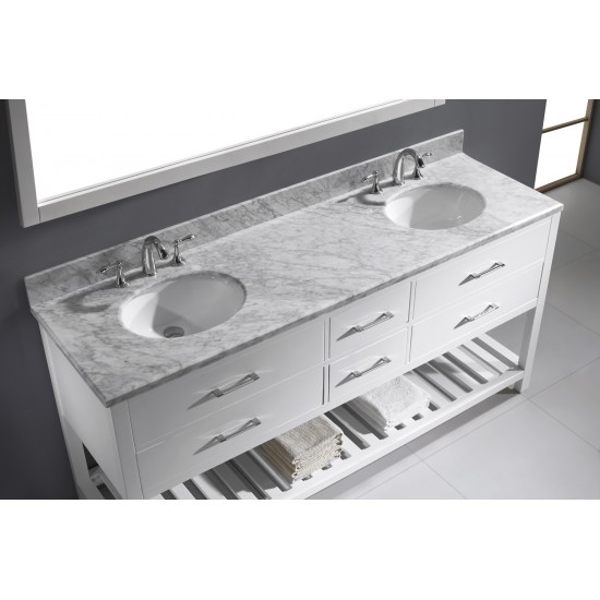 Caroline Estate 72" Double Bath Vanity in White with White Marble Top and Round Sinks with Polished Chrome Faucets and Mirror