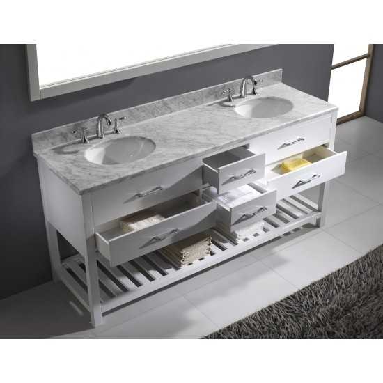 Caroline Estate 72" Double Bath Vanity in White with White Marble Top and Round Sinks with Polished Chrome Faucets and Mirror