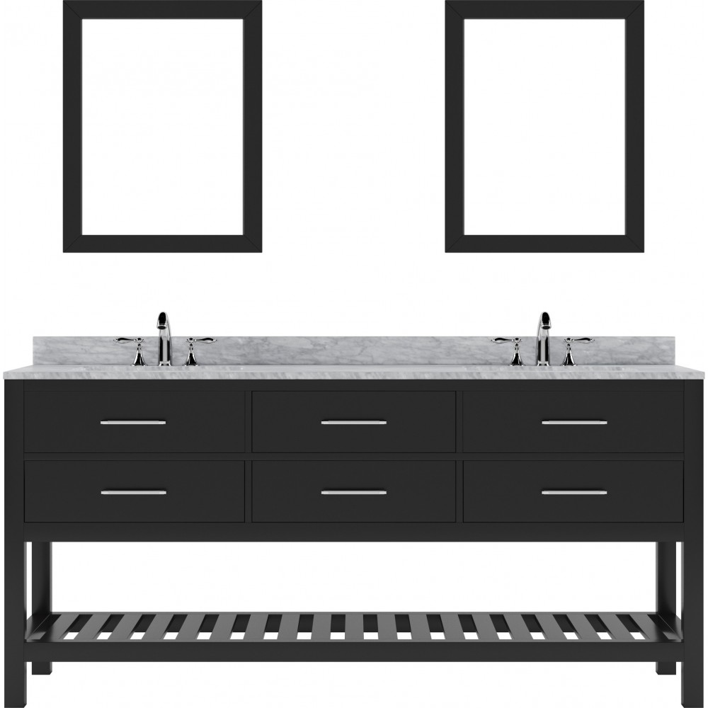 Caroline Estate 72" Double Vanity in Espresso with White Marble Top and Square Sinks with Polished Chrome Faucets and Mirrors