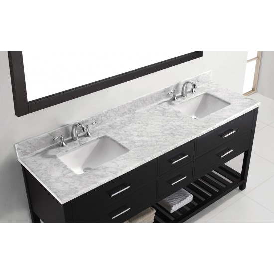 Caroline Estate 72" Double Bath Vanity in Espresso with White Marble Top and Square Sinks with Brushed Nickel Faucets and Mir