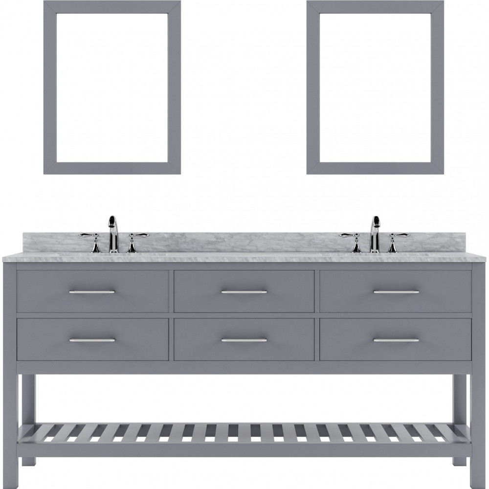 Caroline Estate 72" Double Bath Vanity in Gray with White Marble Top and Square Sinks and Matching Mirrors