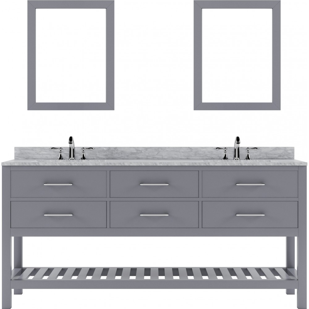 Caroline Estate 72" Double Bath Vanity in Gray with White Marble Top and Square Sinks with Brushed Nickel Faucets and Mirrors