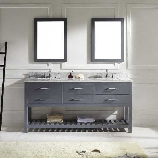 Caroline Estate 72" Double Bath Vanity in Gray with White Marble Top and Square Sinks with Brushed Nickel Faucets and Mirrors