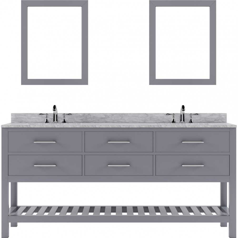 Caroline Estate 72" Double Bath Vanity in Gray with White Marble Top and Square Sinks with Polished Chrome Faucets and Mirror