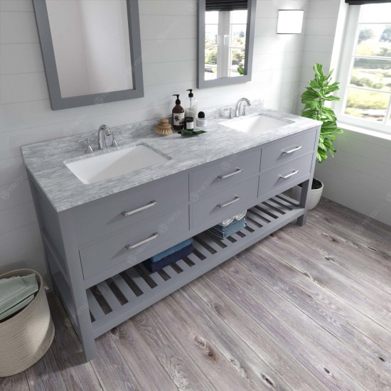 Caroline Estate 72" Double Bath Vanity in Gray with White Marble Top and Square Sinks with Polished Chrome Faucets and Mirror