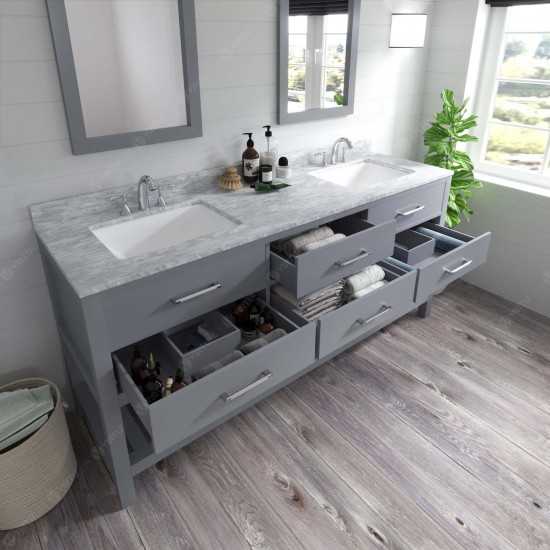 Caroline Estate 72" Double Bath Vanity in Gray with White Marble Top and Square Sinks with Polished Chrome Faucets and Mirror