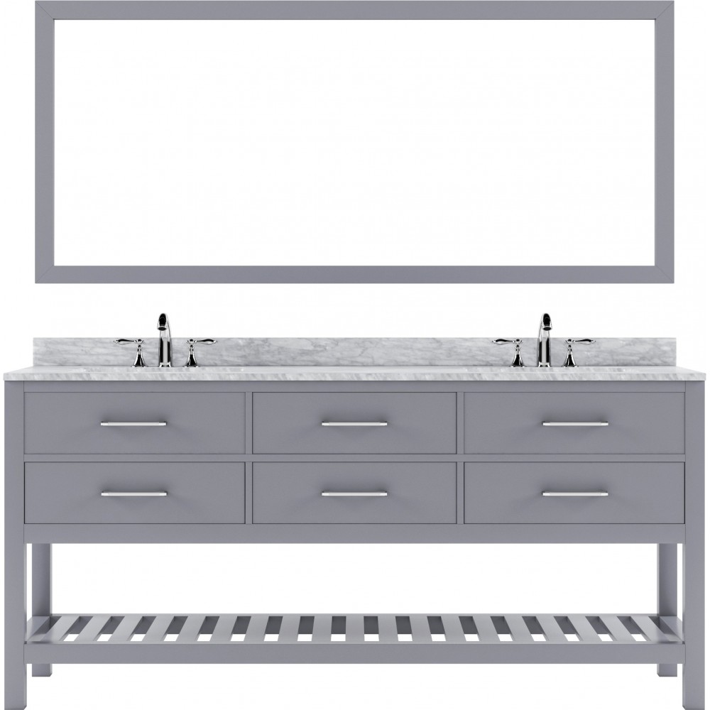 Caroline Estate 72" Double Bath Vanity in Gray with White Marble Top and Square Sinks and Matching Mirror