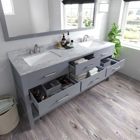 Caroline Estate 72" Double Bath Vanity in Gray with White Marble Top and Square Sinks and Matching Mirror