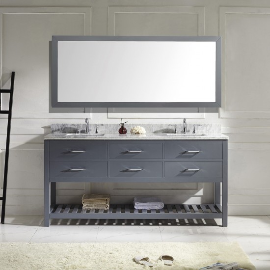 Caroline Estate 72" Double Bath Vanity in Gray with White Marble Top and Square Sinks with Polished Chrome Faucets and Mirror