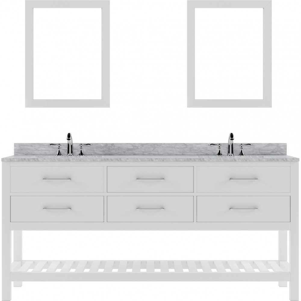 Caroline Estate 72" Double Bath Vanity in White with White Marble Top and Square Sinks with Brushed Nickel Faucets and Mirror