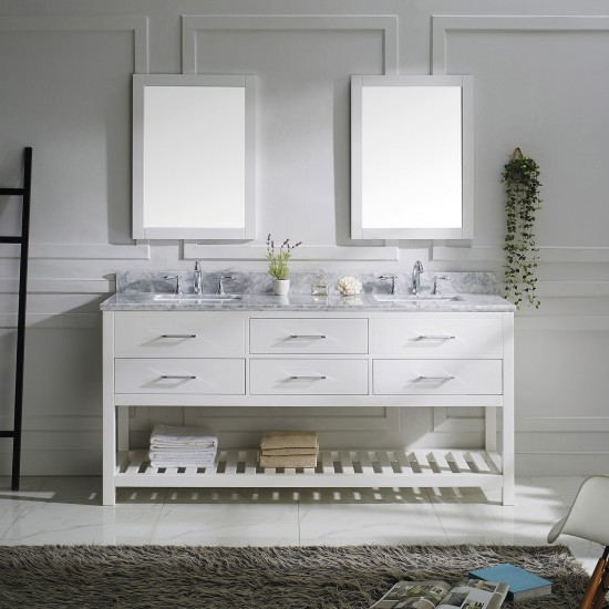 Caroline Estate 72" Double Bath Vanity in White with White Marble Top and Square Sinks with Brushed Nickel Faucets and Mirror