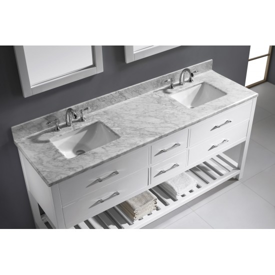 Caroline Estate 72" Double Bath Vanity in White with White Marble Top and Square Sinks with Brushed Nickel Faucets and Mirror