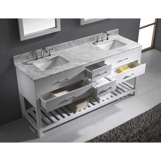 Caroline Estate 72" Double Bath Vanity in White with White Marble Top and Square Sinks with Brushed Nickel Faucets and Mirror