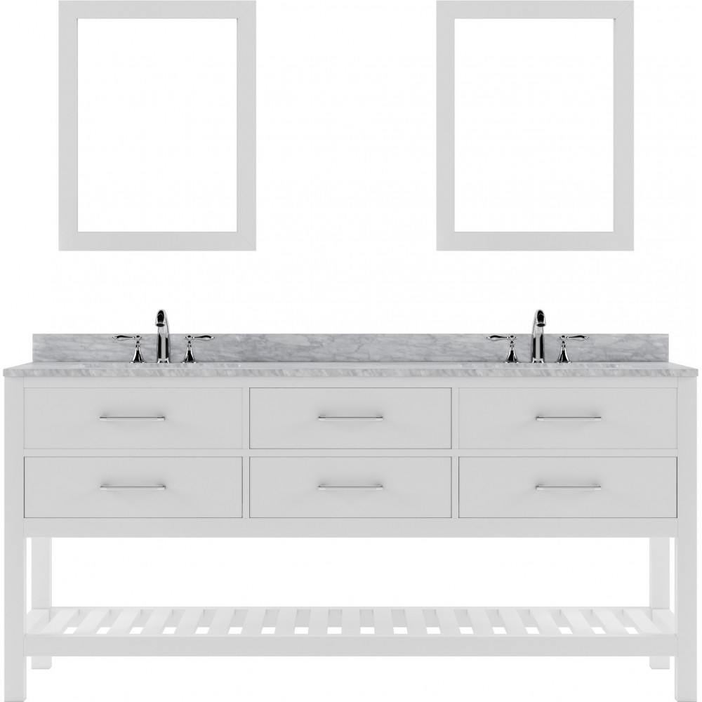 Caroline Estate 72" Double Bath Vanity in White with White Marble Top and Square Sinks with Polished Chrome Faucets and Mirro