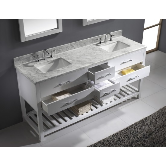 Caroline Estate 72" Double Bath Vanity in White with White Marble Top and Square Sinks with Polished Chrome Faucets and Mirro