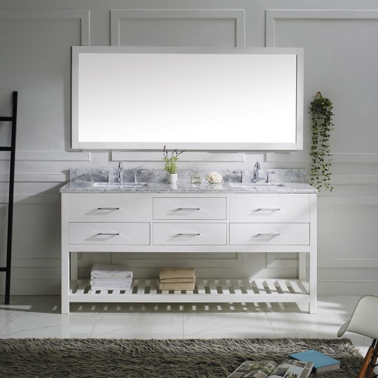 Caroline Estate 72" Double Bath Vanity in White with White Marble Top and Square Sinks and Matching Mirror