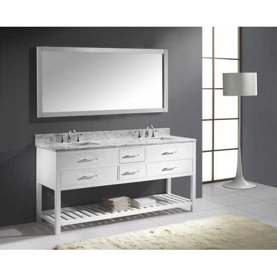 Caroline Estate 72" Double Bath Vanity in White with White Marble Top and Square Sinks with Brushed Nickel Faucets and Mirror