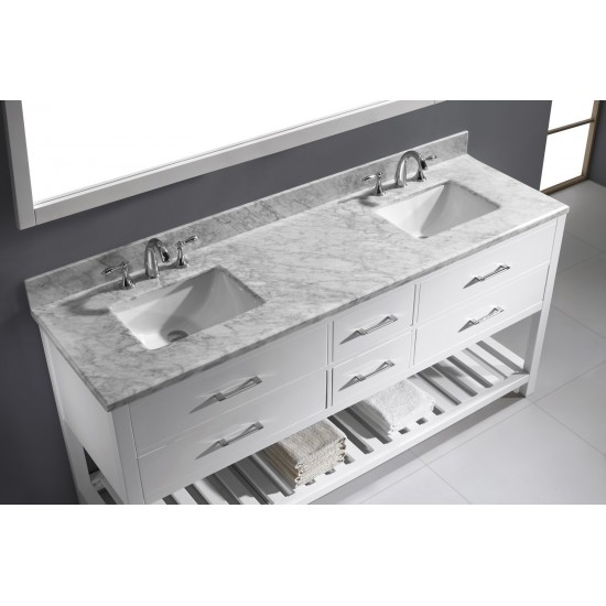 Caroline Estate 72" Double Bath Vanity in White with White Marble Top and Square Sinks with Brushed Nickel Faucets and Mirror