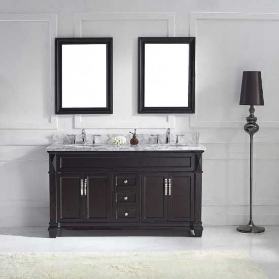 Victoria 60" Double Bath Vanity in Espresso with White Marble Top and Round Sinks and Matching Mirror