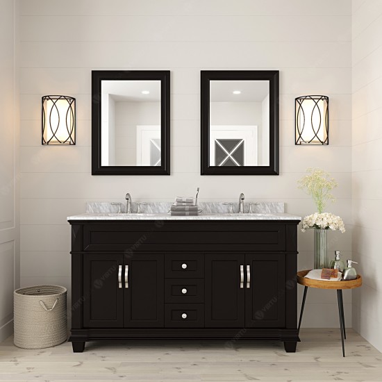 Victoria 60" Double Bath Vanity in Espresso with White Marble Top and Round Sinks and Matching Mirror