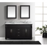 Victoria 60" Double Bath Vanity in Espresso with White Marble Top and Round Sinks and Matching Mirror